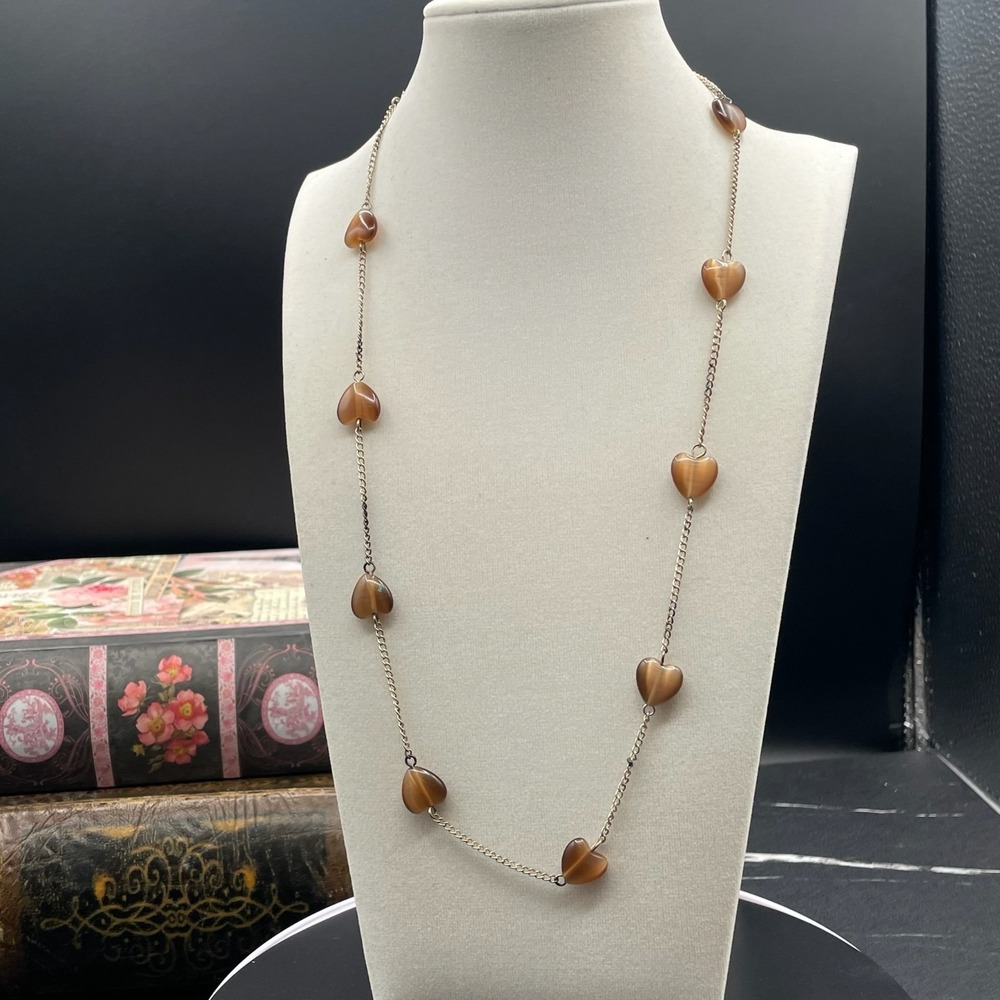 Vintage Silver-Tone Curb Chain Amber Lucite Hearts Statement Station Necklace